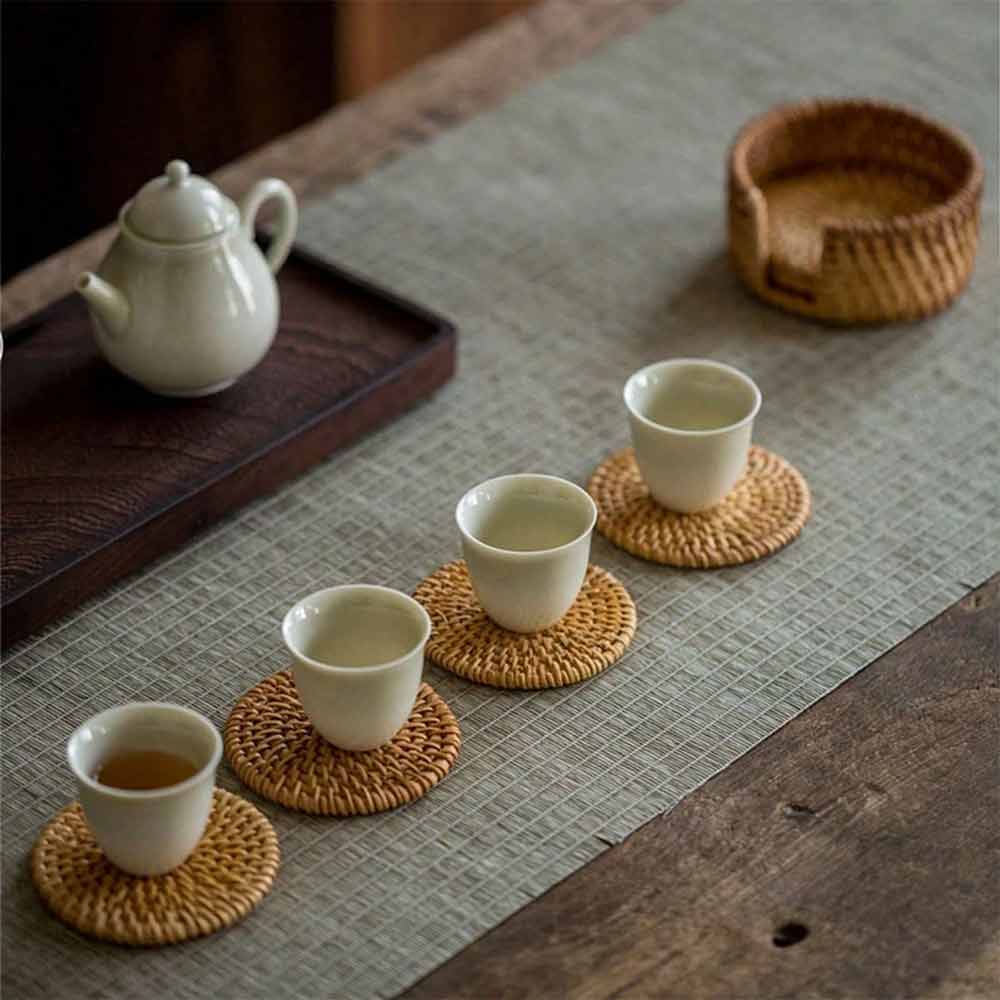 6-Piece Rattan Coaster Set with Base – Heat Resistant Cup Mats, Autumn Design