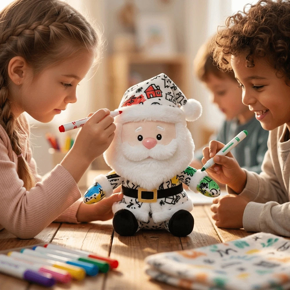 DIY Paintable Santa Plush Toy – Christmas Craft Kit with 12 Coloured Pens