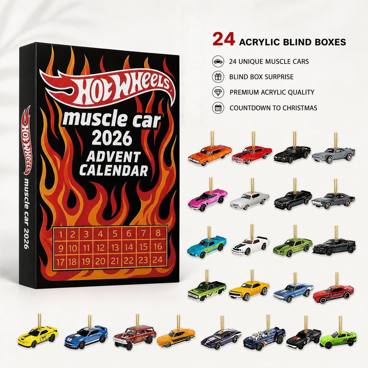 Hot Wheels 2026 Muscle Advent Calendar 2D- 24 Days of Mini Toy Cars  Acrylic Trim