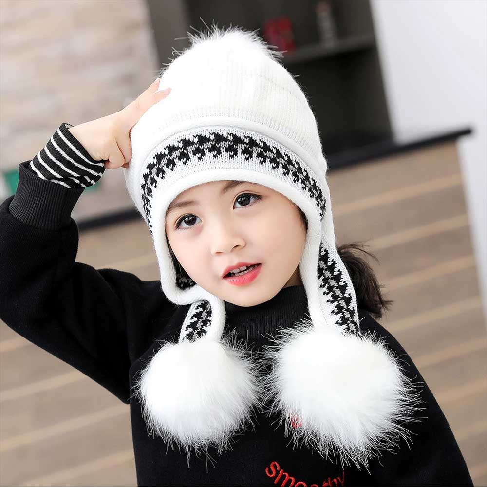 Knitted Beanie Hat with Ear Flaps & Pom Pom - Winter Ski Cap Warm White