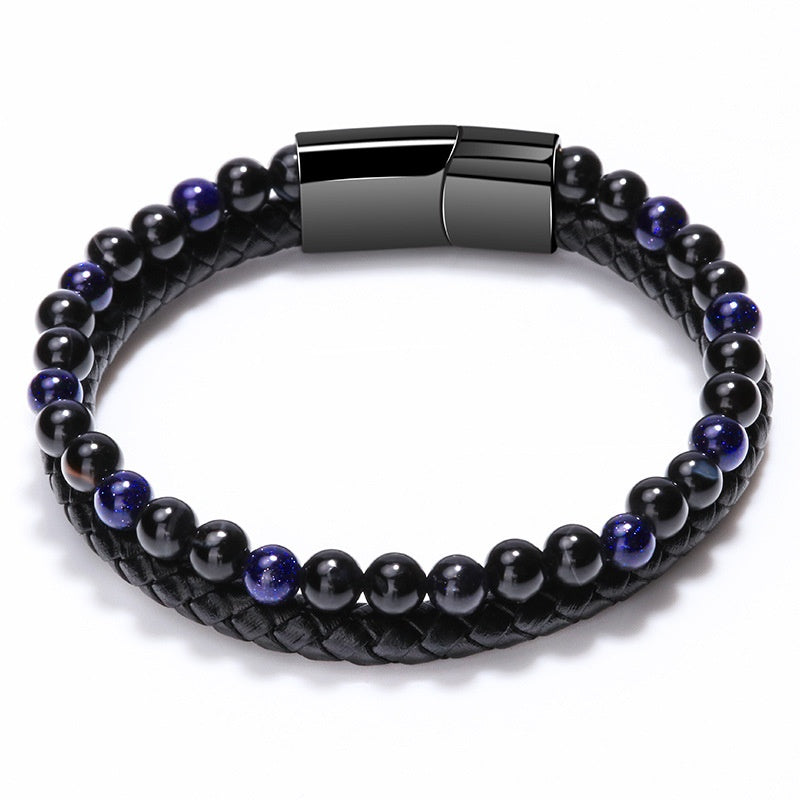 Me Natural Tiger Eye Stone Beads Bracelet Matte Black Onyx Leather Bracelet 23CM