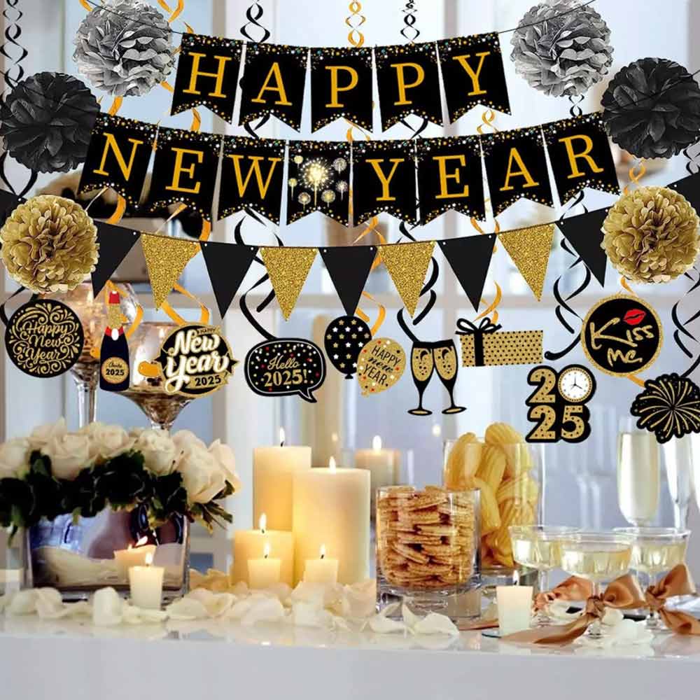 New Years Eve Decorations 2025, 18Pcs Black Gold HAPPY NEW YEAR Party Banner Set