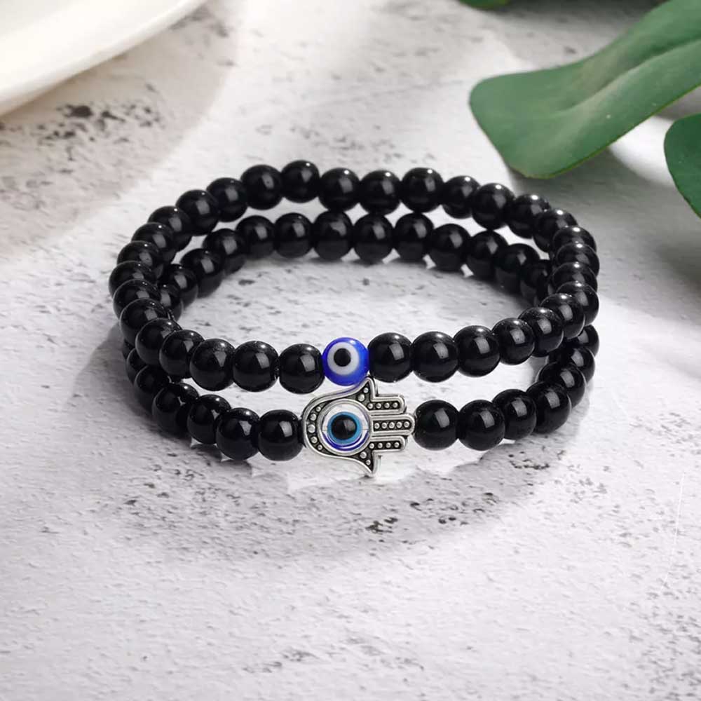2Pcs Hamsa Evil Eye Bracelet Turquoise Beaded Sets Women Men Lucky Jewelry Gifts
