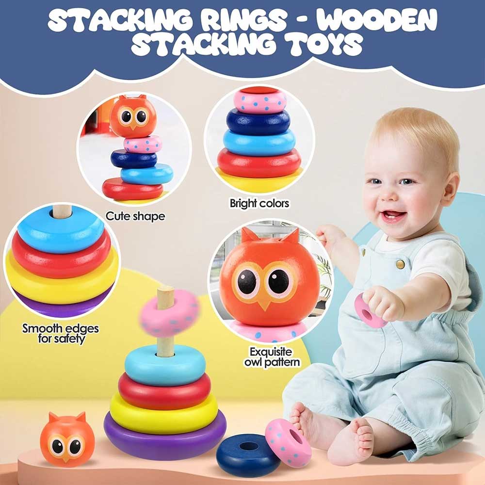 Owl Tumbler Stacking Toy Wooden Rainbow Spinning Rings Tower