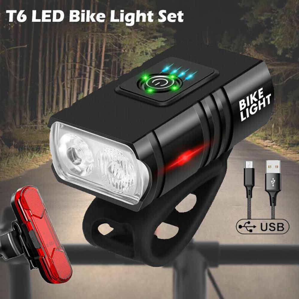 Rechargeable Bicycle Head Torch Front&Tail Kit Super Bright LED Mountain Bike Light
