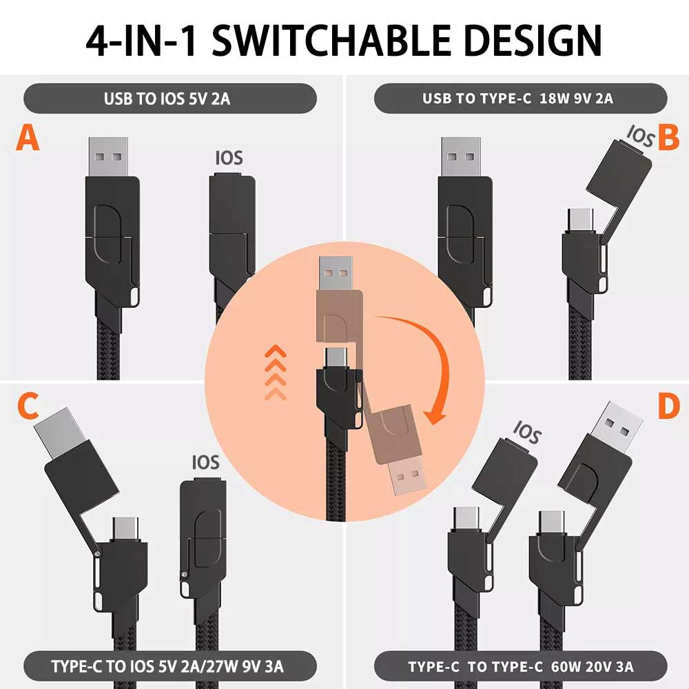 PD 60W Multi USB QC Fast Charging Cable 4in1 Type-C to Type C For iPhone Andriod