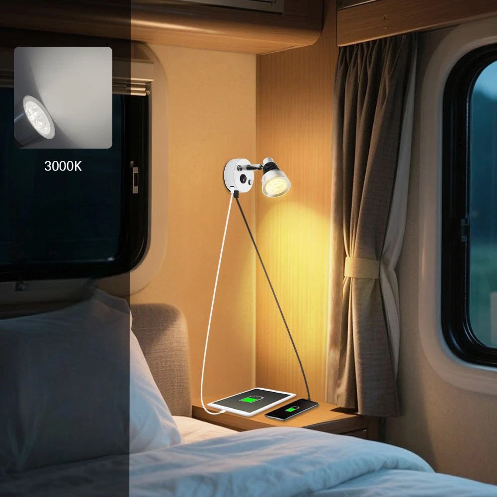 12V 24V Reading Light 3W LED RV Interior with USB & Type-C for Caravan Boat Lamp