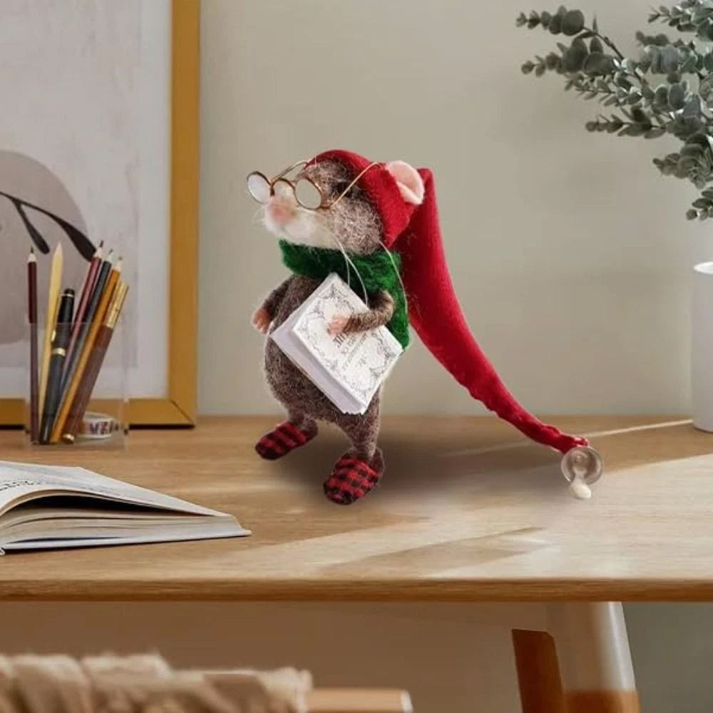 Handmade Needle Felted Christmas Mouse Ornament - Cozy 10cm Felt Animal Doll for Xmas Tree Decor