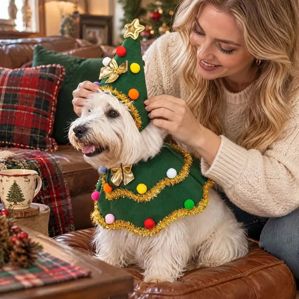 Christmas Tree Pet Cape – Festive Dog & Cat Costume with Pom-Pom Hat