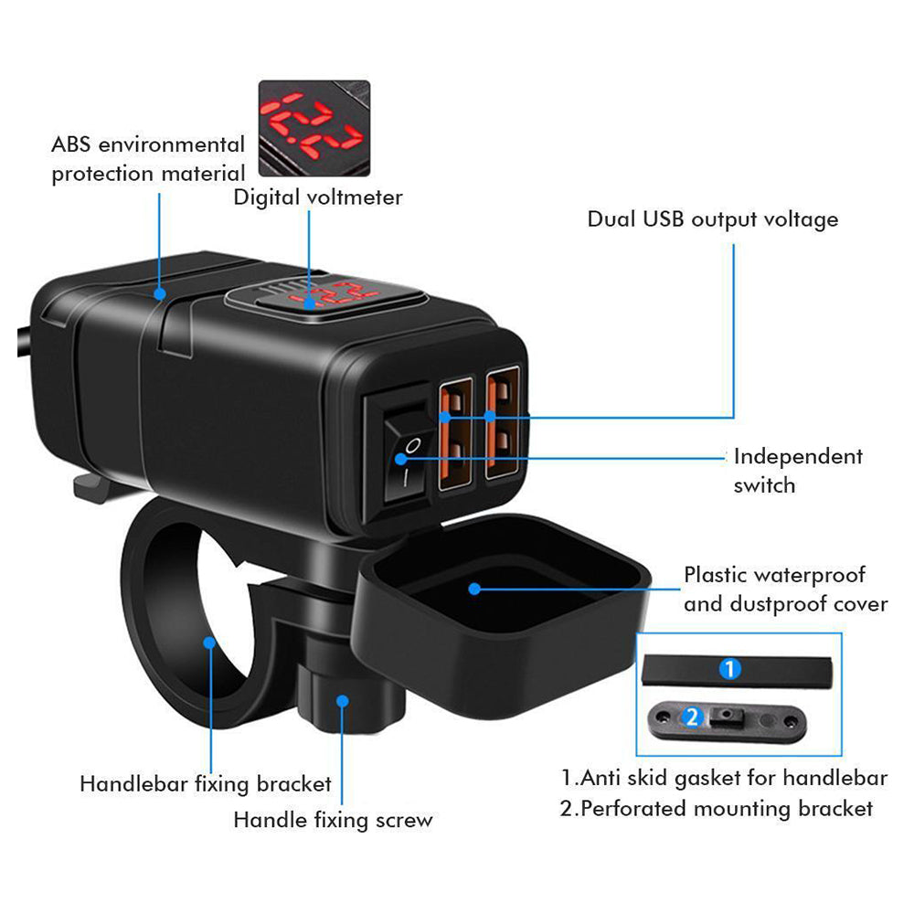Dual USB Port Motorcycle Fast Charger Socket LED Voltmeter Display ON/OFF Switch
