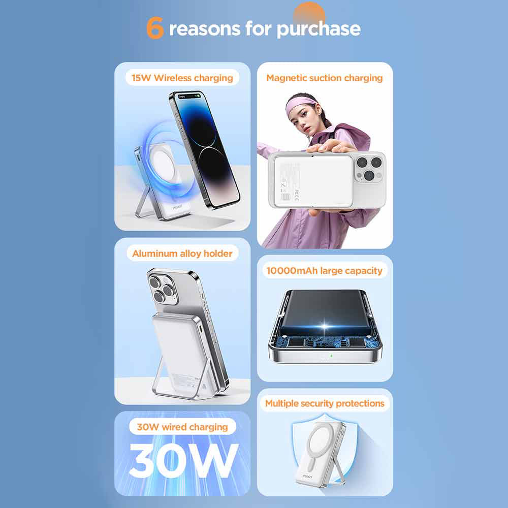 PISEN 30W Magnetic Wireless Power Bank - 10000mAh with Foldable Stand, 15W MagSafe Charging & PD Fast Charge