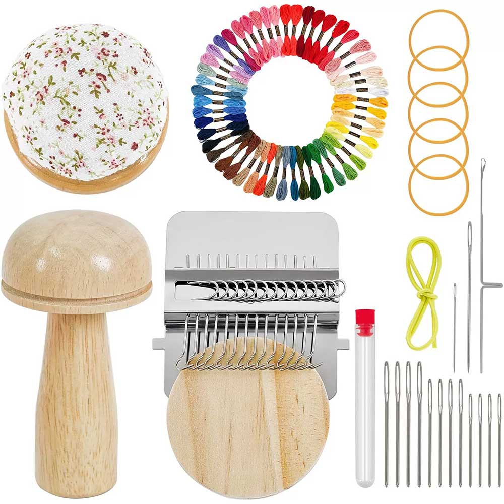 Mini Darning Loom & Mushroom Knit Patch Kit - Handcraft DIY Weaving Repair Tool