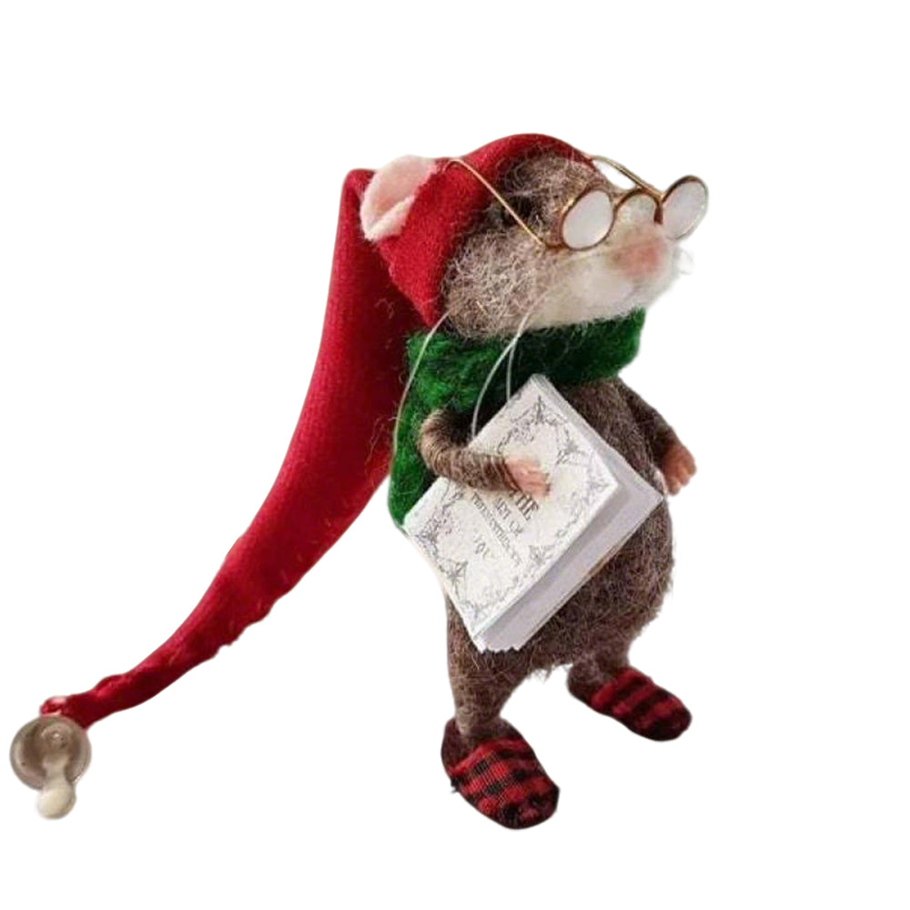 Handmade Needle Felted Christmas Mouse Ornament - Cozy 10cm Felt Animal Doll for Xmas Tree Decor