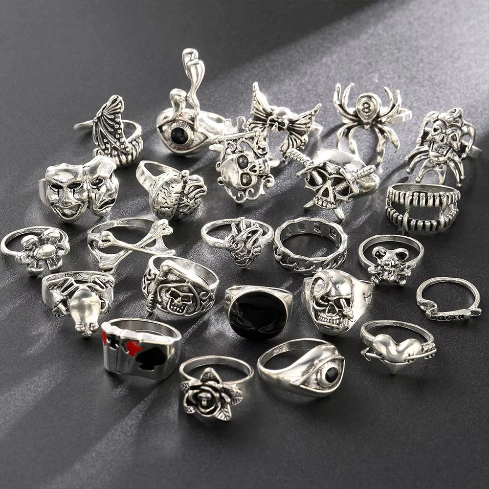 24PCS Gothic Ring Set – Punk Skeleton Skull Rings for Men & Women, Unisex