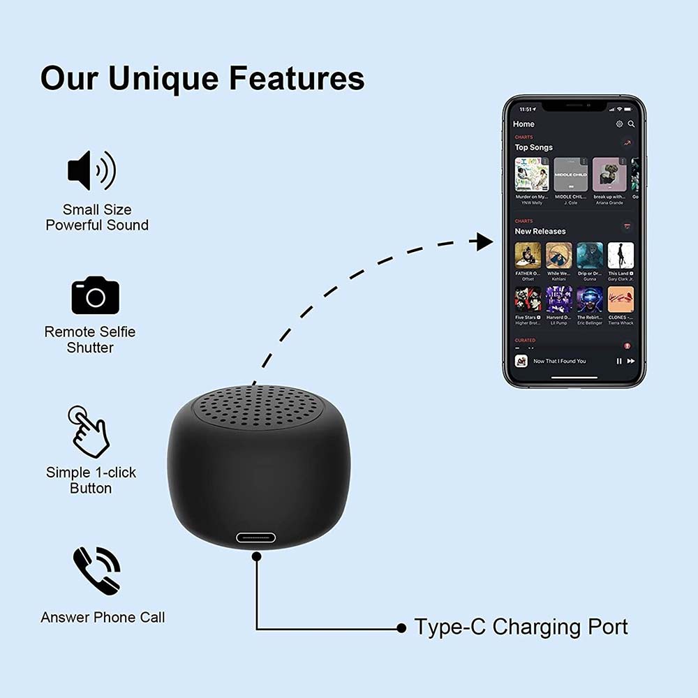 Mini Bluetooth Speaker Wireless Portable Rechargeable Black Splash Resistant