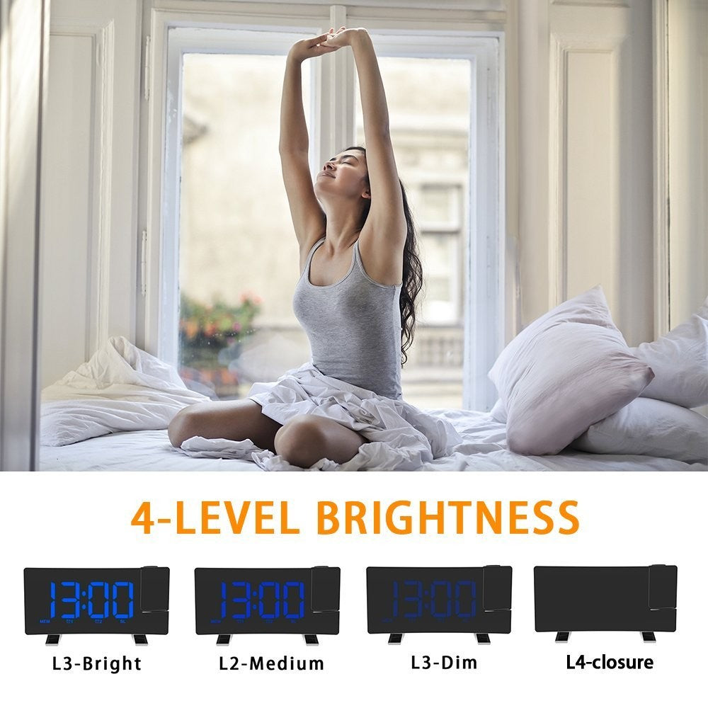 LED Digital Alarm Clock – Radio Projection Clock with Curved Screen & Dual Alarms