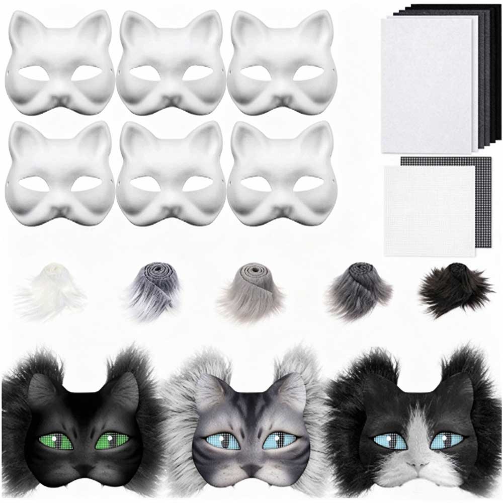 DIY Therian Cat Mask Kit – Faux Mask with Wool Strips for Halloween Cosplay