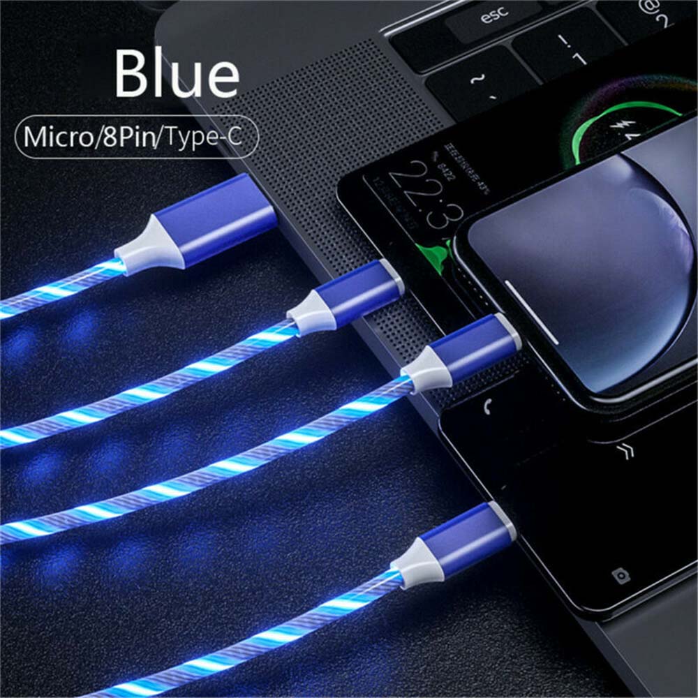 4PCS 1m LED Flowing Light Up 3 in 1 Charging Cable, Micro Type-C iPhone Cable