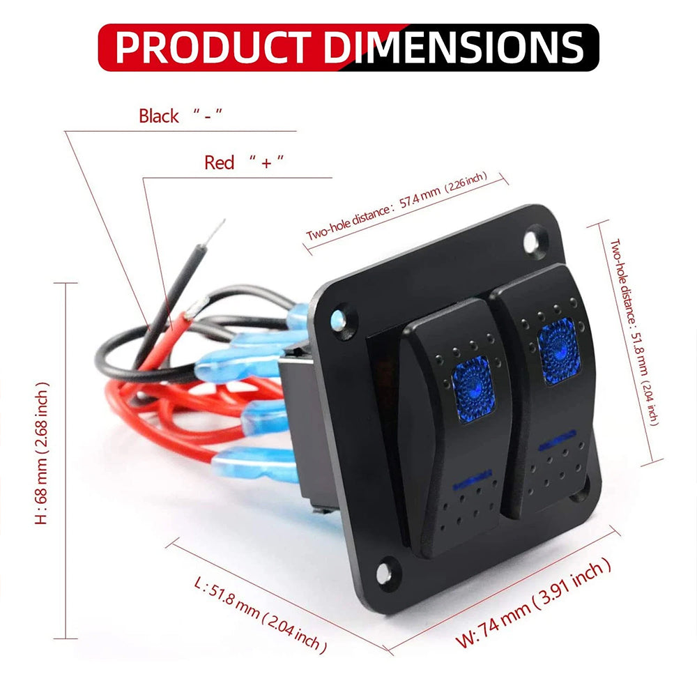 2 Gang Rocker Switch Panel Blue LED Waterproof Car Marine Boat RV 12V 24V