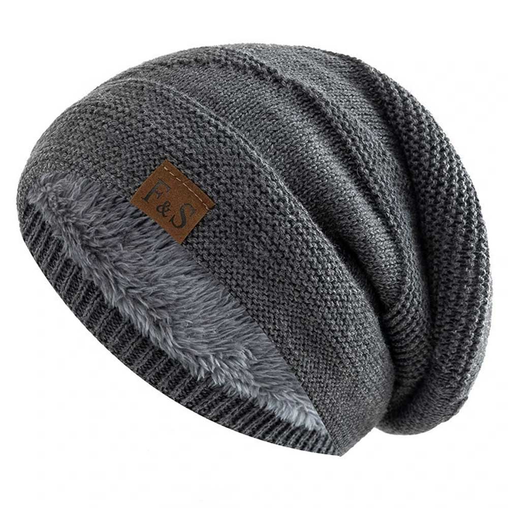 Unisex Slouchy Winter Beanie - Fur Lined Warm Knitted Hat for Men & Women