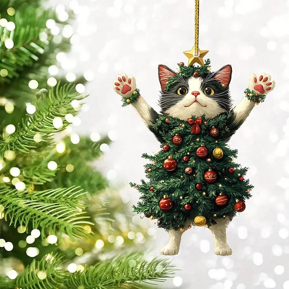 2Pcs Cute Cat in Christmas Tree Costume Hanging Ornaments 2D Acrylic Tree Pendants Decor