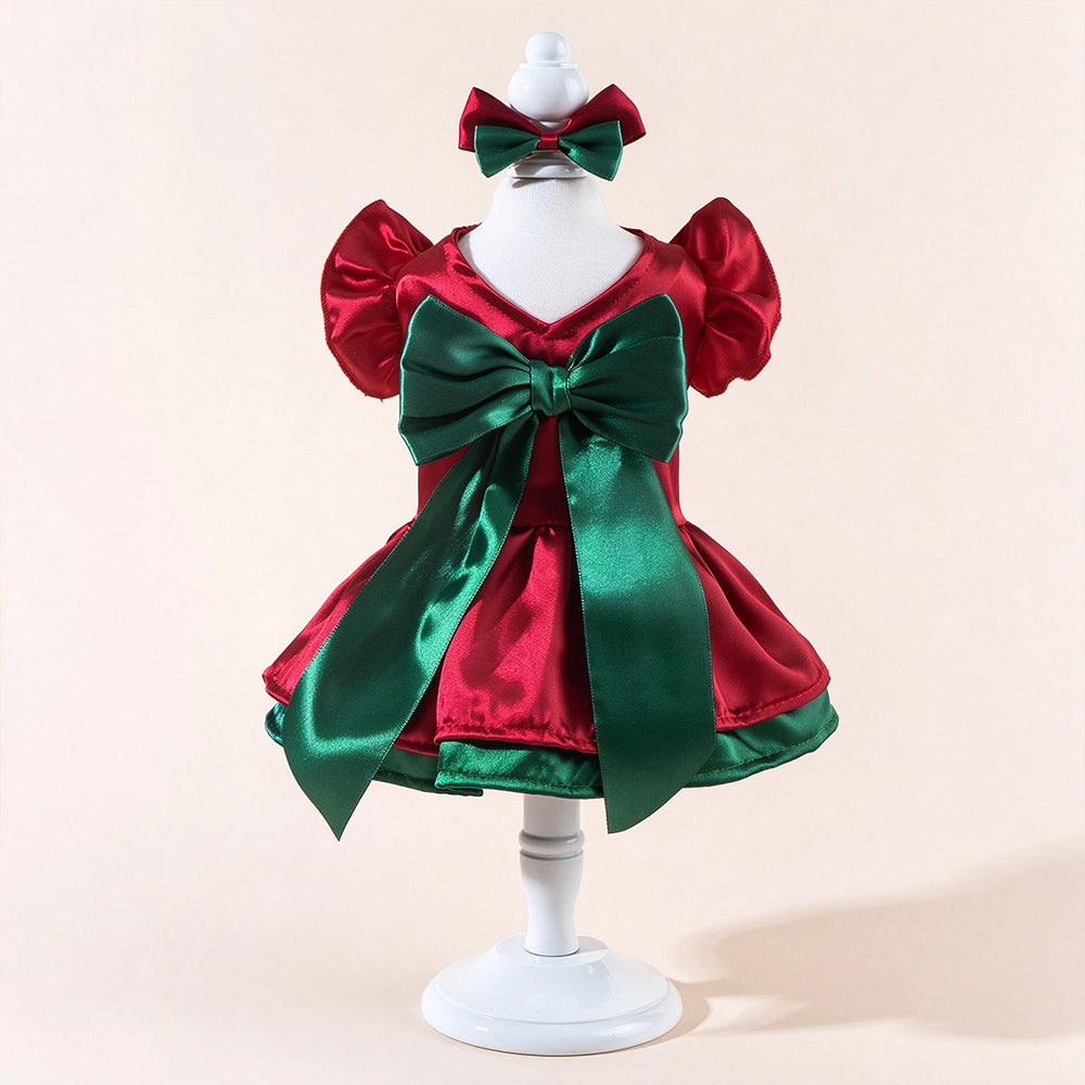 Christmas Pet Outfit – Red & Green Dog Dress with Bow & Flower Headpiece FOR 2-3kg