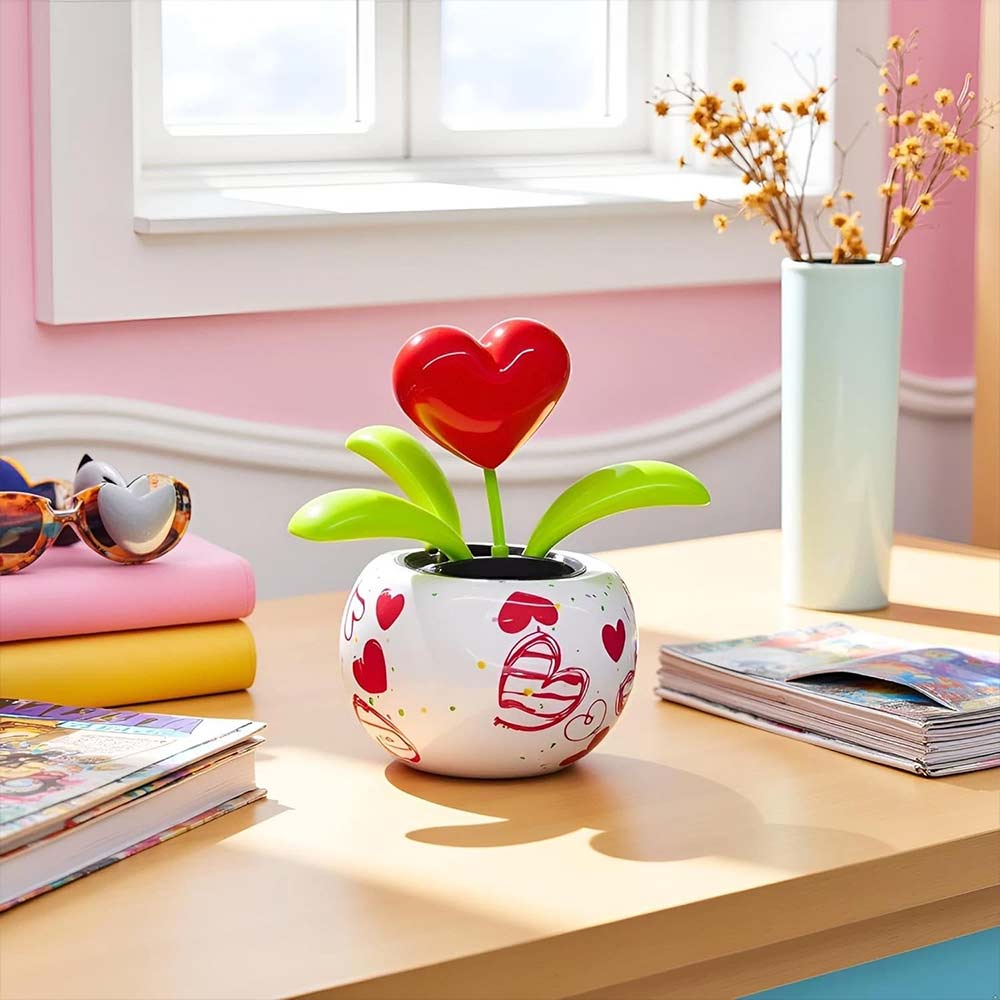 Red Solar Dancing Flower - Heart Swing Figurine Car Decor Toy, Solar Powered