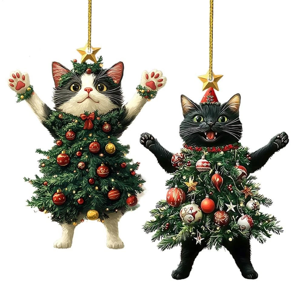 2Pcs Cute Cat in Christmas Tree Costume Hanging Ornaments 2D Acrylic Tree Pendants Decor