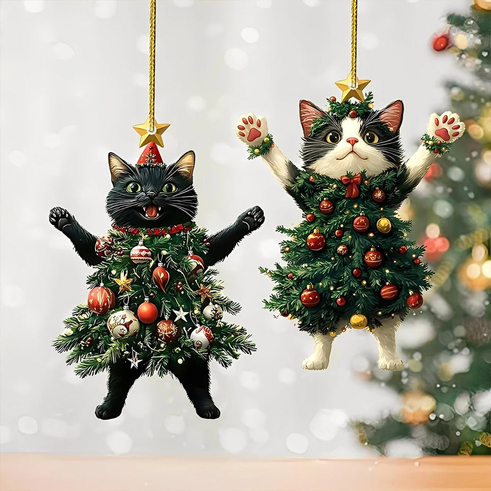 2Pcs Cute Cat in Christmas Tree Costume Hanging Ornaments 2D Acrylic Tree Pendants Decor