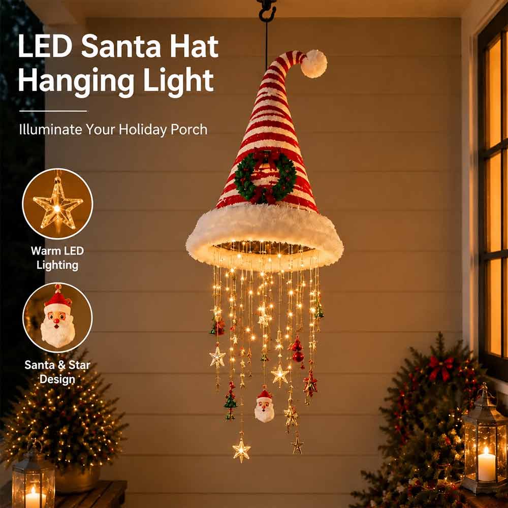 LED Santa Hat Decoration – Hanging Chandelier Light with Star Tassel for Christmas