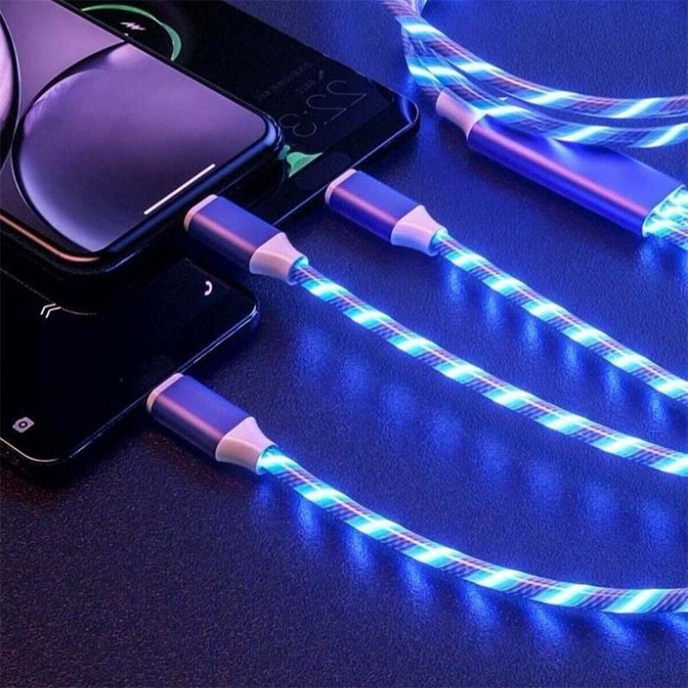 4PCS 1m LED Flowing Light Up 3 in 1 Charging Cable, Micro Type-C iPhone Cable