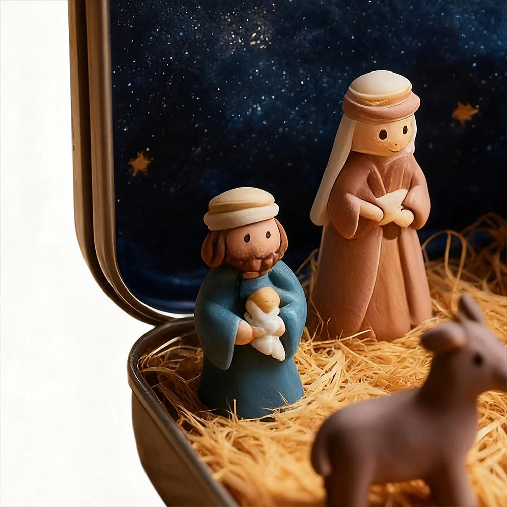 Mini Christmas Nativity Set in Tin Box – Portable 3D Pocket Nativity Scene with Resin Figurines