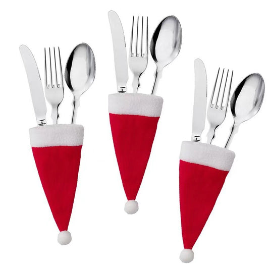 10PCS Red Hat Santa Cutlery Christmas Knife Bag Xmas Fork Holder Xmas Decoration