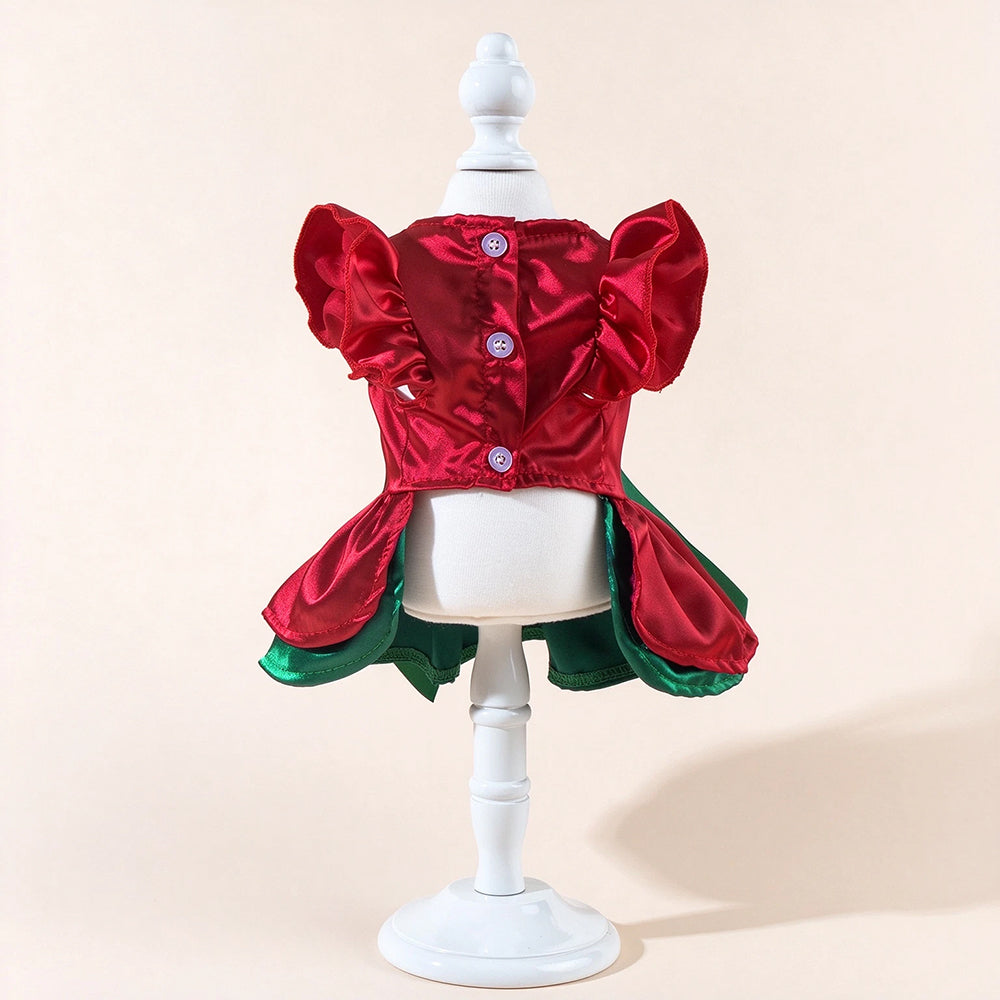 Christmas Pet Outfit – Red & Green Dog Dress with Bow & Flower Headpiece FOR 2-3kg