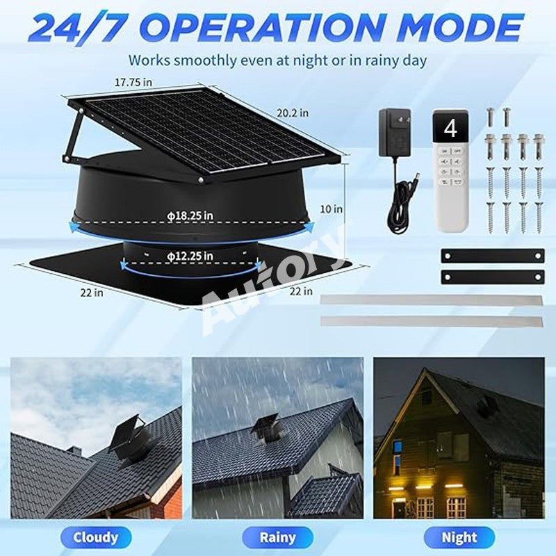 Autory Wireless Solar Roof Vent Fan – 320mm Remote Control Ventilation, Hybrid Power