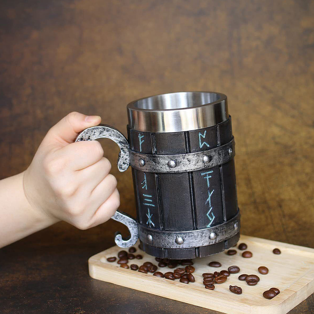 Viking Stainless Steel Tankard Odin Thor Mjolnir Drink Mug Beer Stein Coffee Cup
