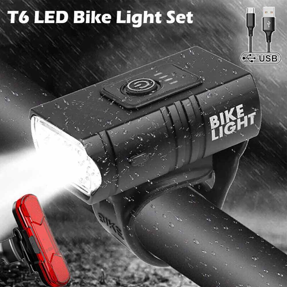 Rechargeable Bicycle Head Torch Front&Tail Kit Super Bright LED Mountain Bike Light