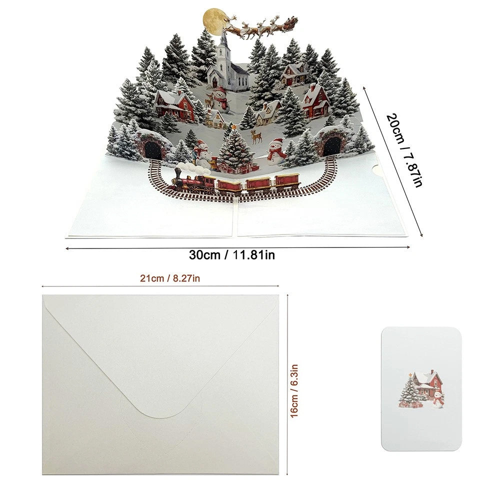 Beautiful 3D Pop-Up Christmas Village Greeting Card – Snowman, Reindeer & Fir Trees Winter Scene