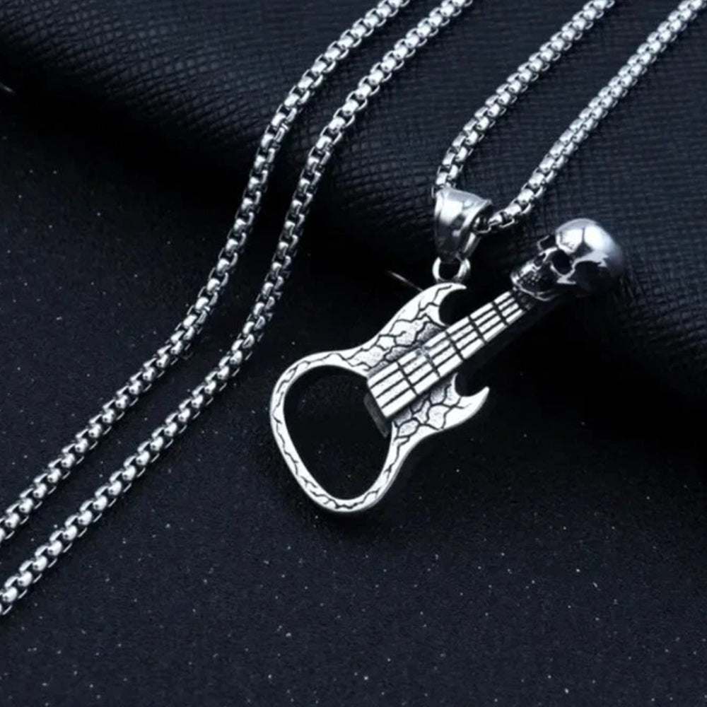 Rock Music Skull & Guitar Pendant Necklace | Stainless Steel Hip Hop Biker Jewelry for Men & Women