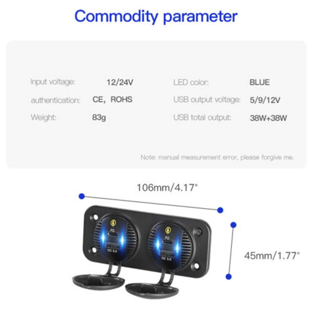 12-24V Car Charger Adapter Mount Panel 2x QC 3.0 + 2x PD Fast Dual Type-CUSB