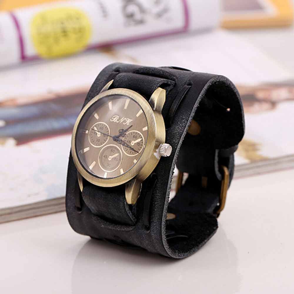 Retro Punk Rock Leather Bracelet Cuff Men Wrist Watch Wide Band Quartz Watch