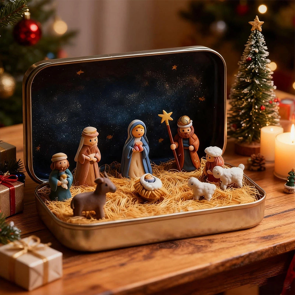 Mini Christmas Nativity Set in Tin Box – Portable 3D Pocket Nativity Scene with Resin Figurines