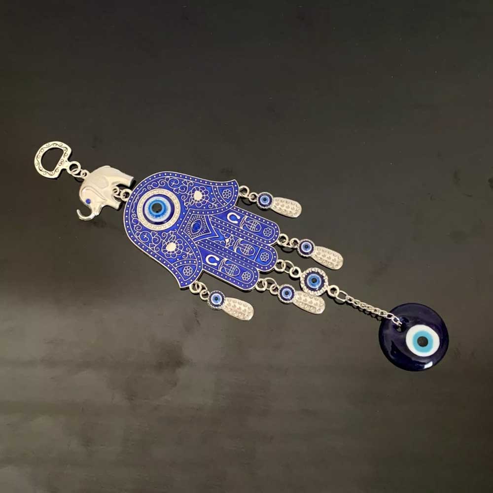 Turkish Blue Evil Eye Hamsa Hand with Elephant Wall or Car Hanging Amulet Gift
