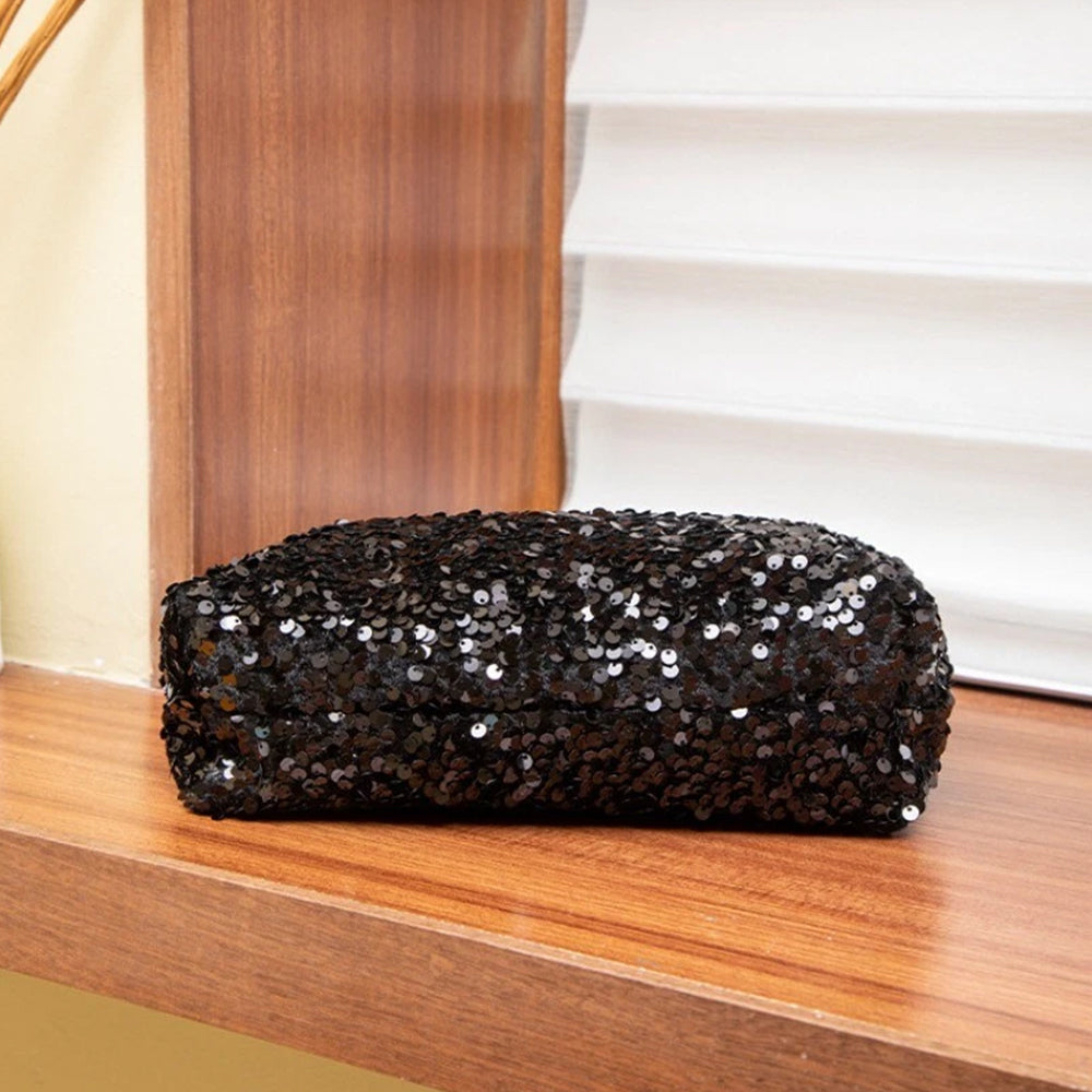 Women's Sequin Evening Bag - Sparkly Silver & Black Shoulder Bag Clutch Purse for Parties