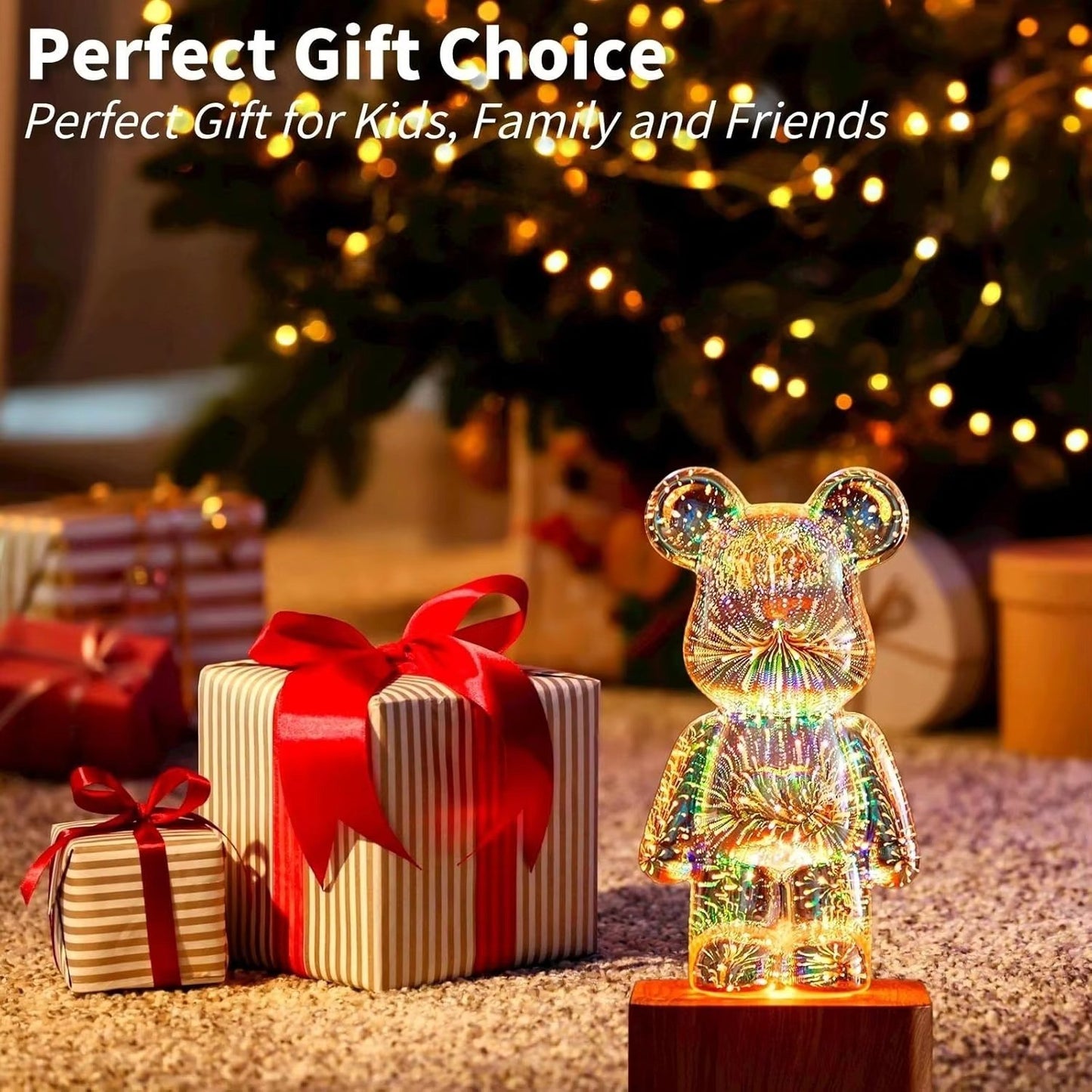 3D Firework Bear Lamp – USB LED Night Light 20cm, 7-Colour RGB Glow