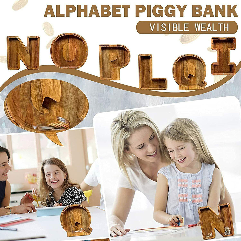 Wooden Piggy Bank Funny Letter/Alphabet Coin Saving Money Box Kids Adults Gift