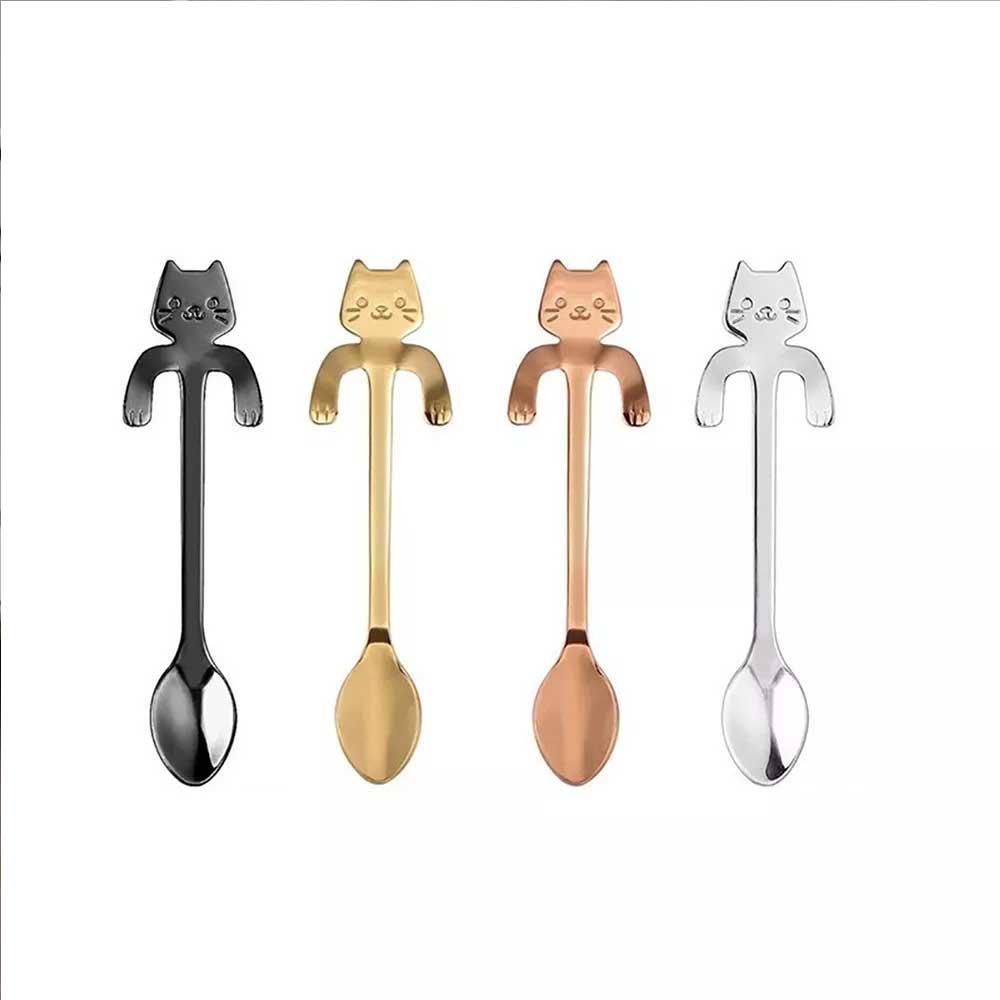 4x Teaspoons Tableware Cat Spoon Tea Cute Cartoon Stainless Steel Ice Cream Coffee