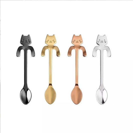 4x Teaspoons Tableware Cat Spoon Tea Cute Cartoon Stainless Steel Ice Cream Coffee