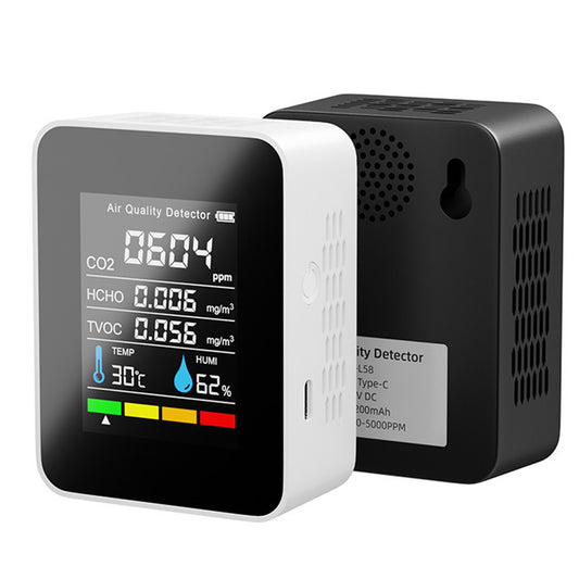 5-in-1 Air Quality Monitor – Portable CO2, HCHO, TVOC, Temp & Humidity Detector with USB-C Recharge