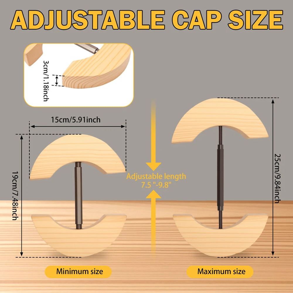 Adjustable Wooden Hat Stretcher – Resize & Preserve Fitted Hats (7.5" to 9.8")